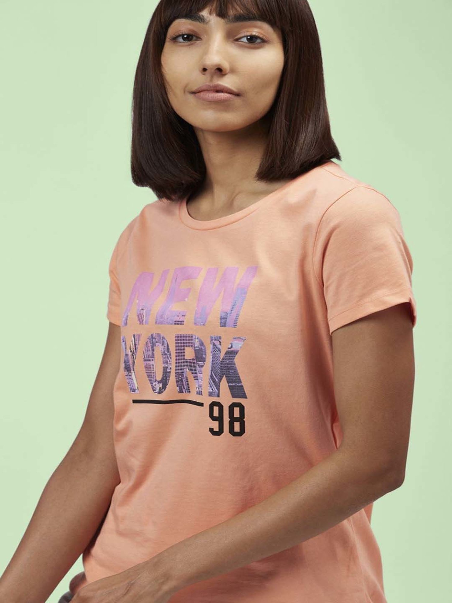 Ajile by Pantaloons Peach Cotton Graphic Print Sports T-Shirt