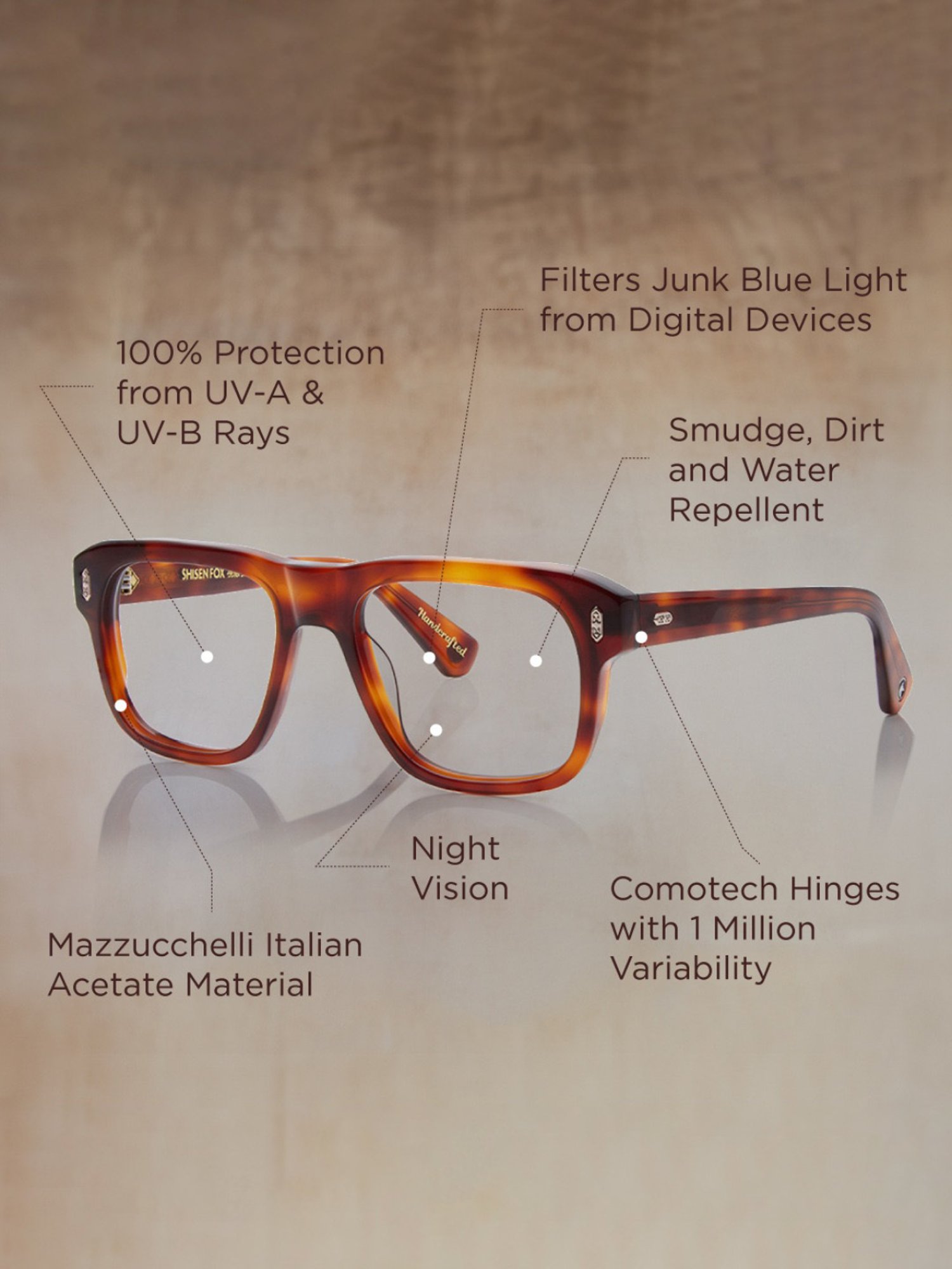 Shisen Fox Yorokobi Havana Square Unisex Blue Filter Computer Lenses -54 mm