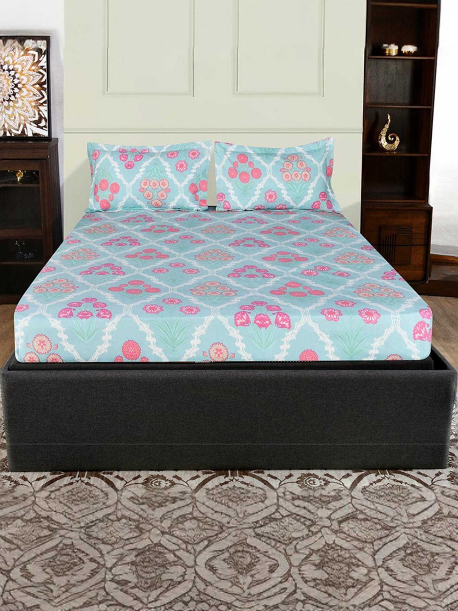 @Home Aurora Sea Blue 130 GSM Polyester Double Bedsheet with 2 Pillow Covers