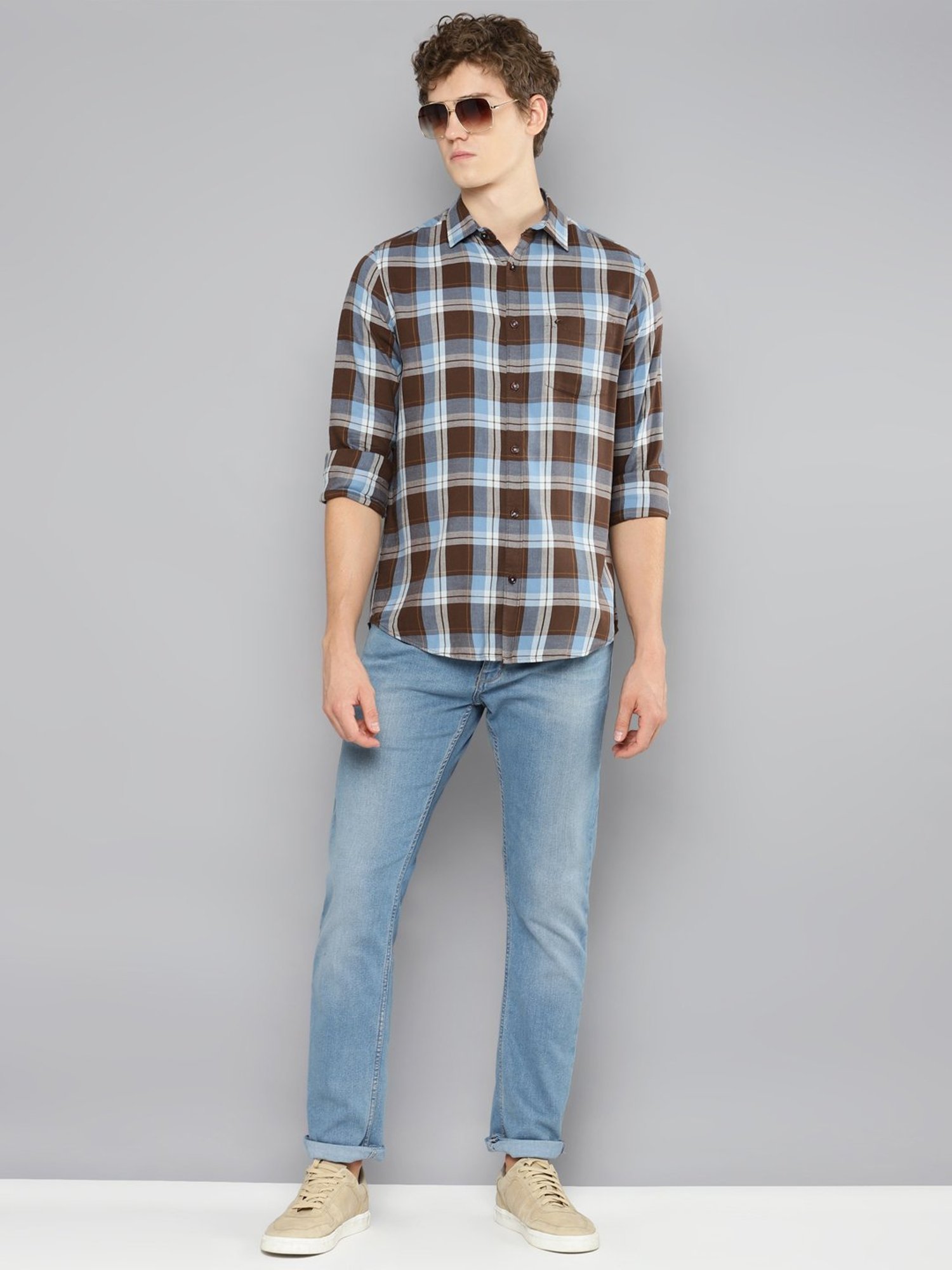 Allen cooper Brown & Blue Regular Fit Check Cotton Shirt