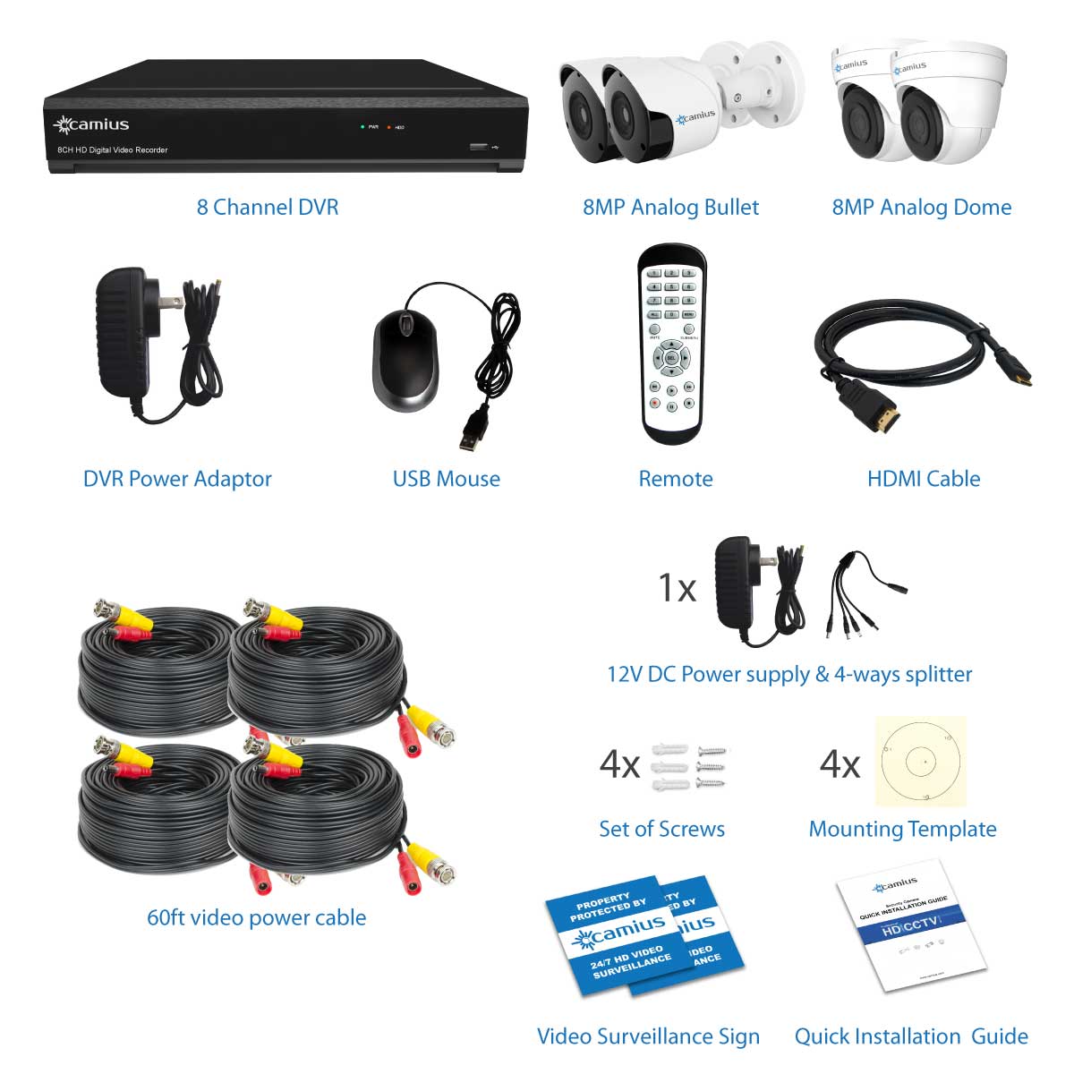 Camius 4K 8 Channel Security DVR camera system with Hard Drive 3TB, 4 x 4K Outdoor Wide Angle Analog Bullet Security Cameras - 100 degree view - expandable to 12CH including 4 IP channels - 124K48M3T