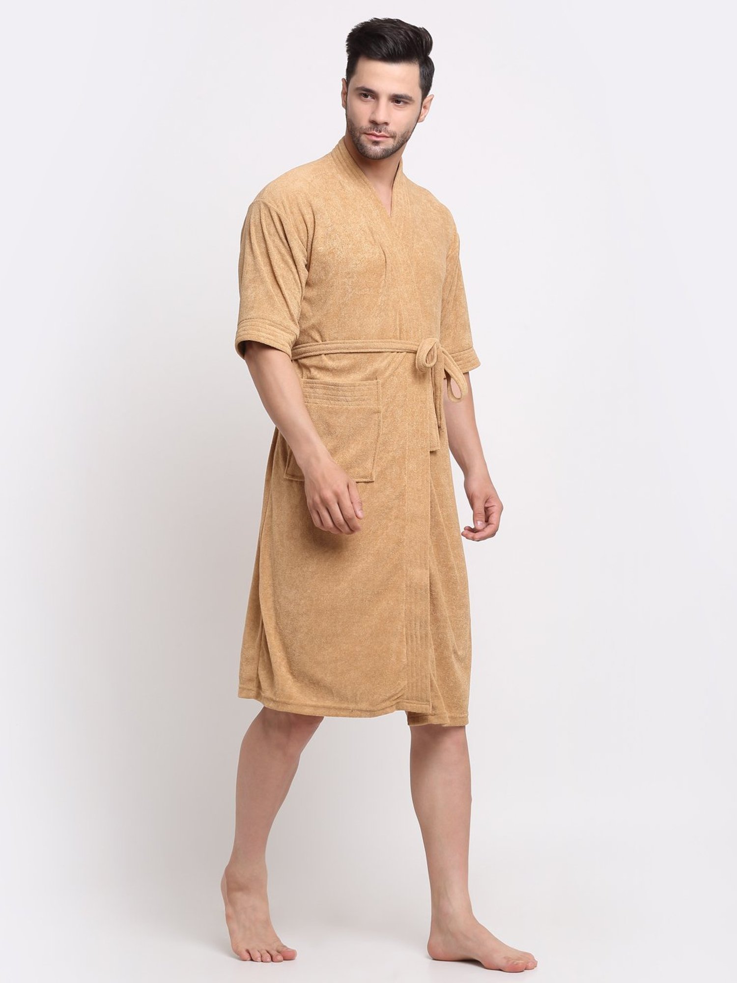 Creeva Everyday Camel 225 GSM Micro Terry Bathrobe with Front Pocket & Kimono Collar
