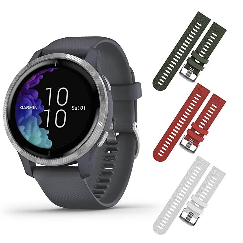 Garmin Venu GPS Smartwatch with AMOLED Display and Included  3 Straps Bundle (Granite Blue/Silver, Khaki/Red/White)