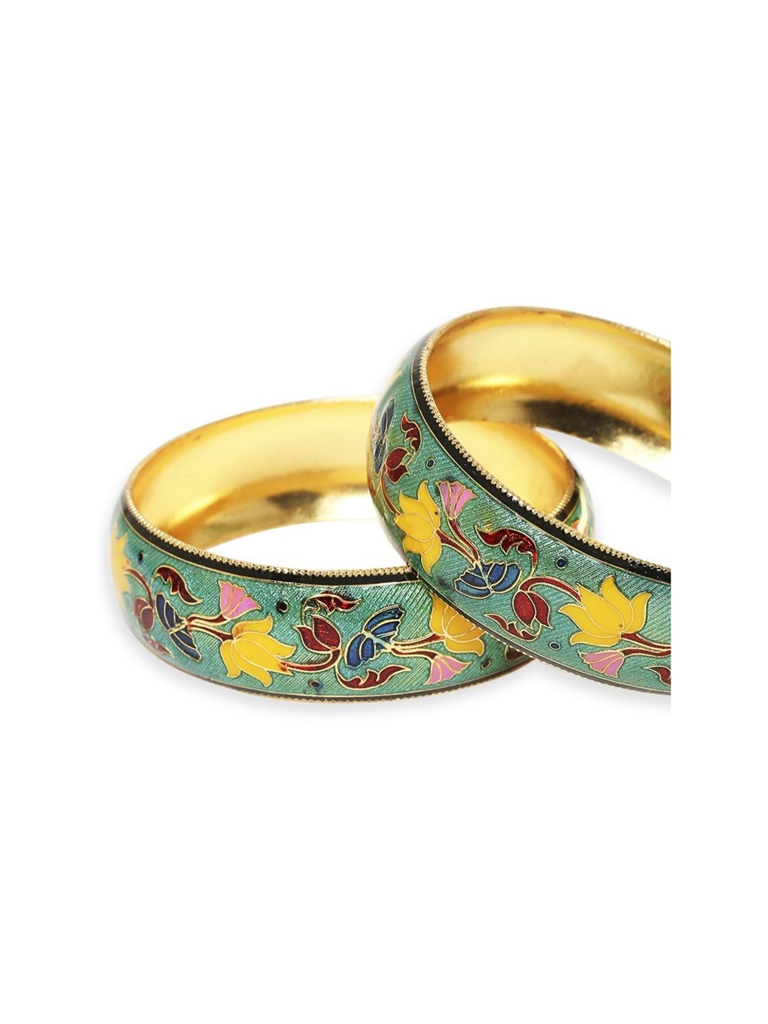Oomph Jewellery Mint Green & Yellow Meenakari Lotus Design Brass Bangles - Set of 2