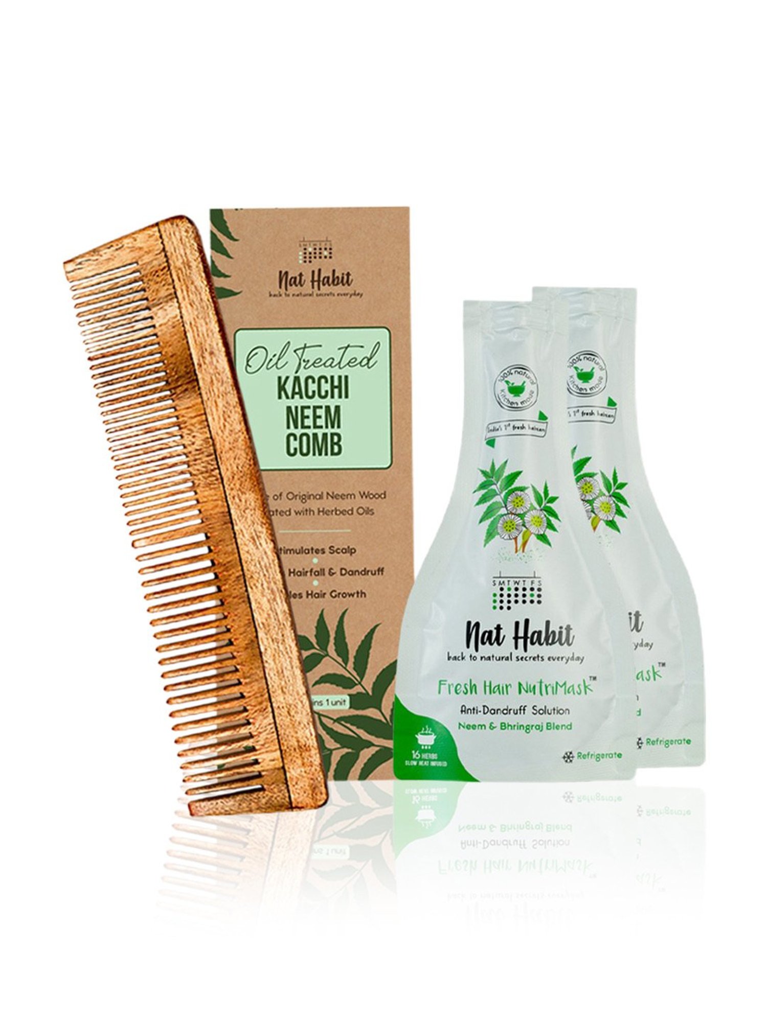 Nat Habit Dual Tooth Kacchi Neem Comb & Neem & Bhringraj Fresh Hair Nutrimask Combo