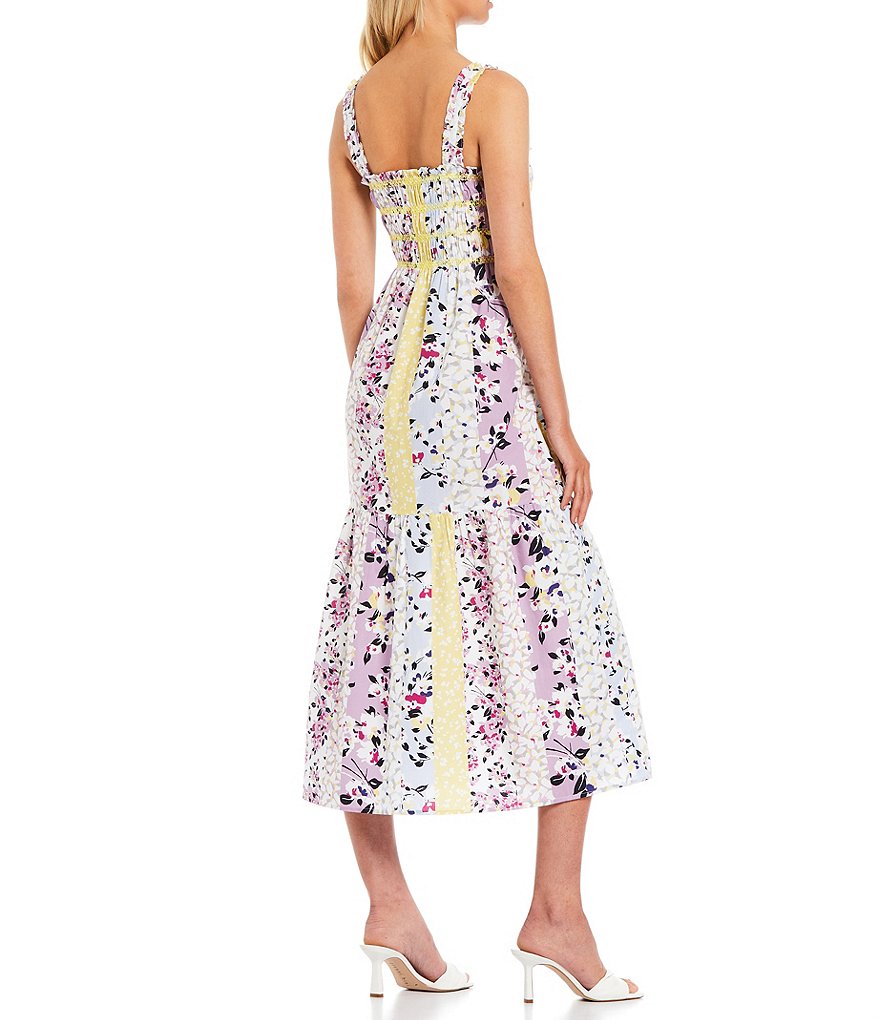 French Connection Ekeze River Rhodes Floral Stripe Print Square Neck Sleeveless Frilled Straps Midi Dress