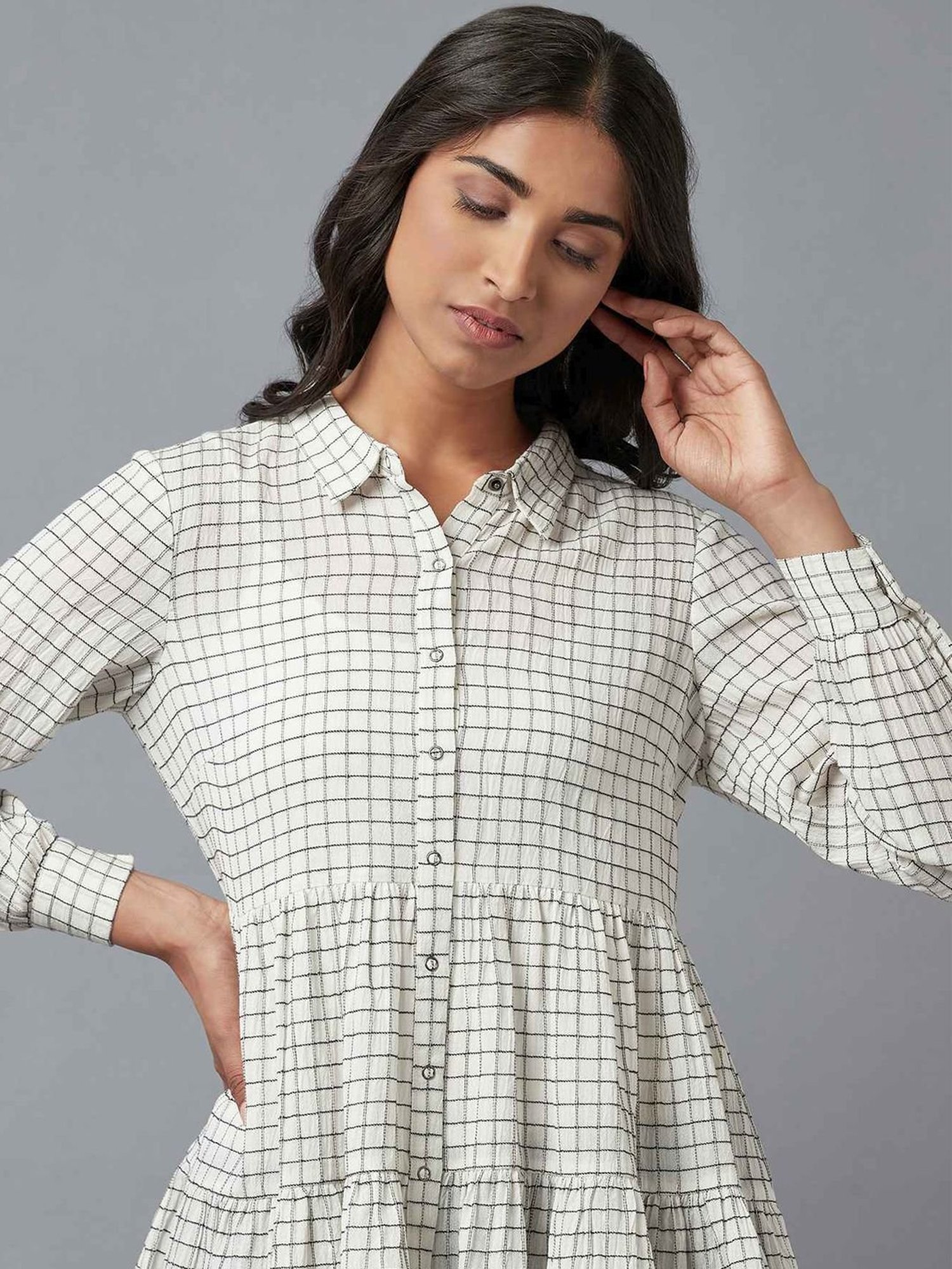 W Off-White Cotton Chequered Tunic