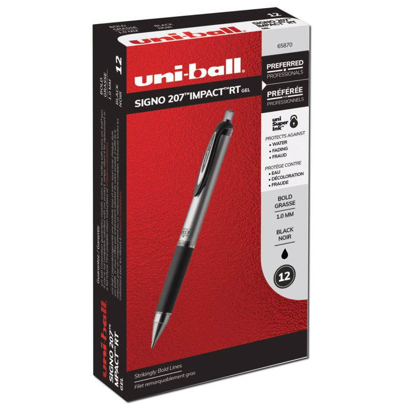 uniball 207 impact retractable gel pens, bold point 1.0mm, black, 12 count