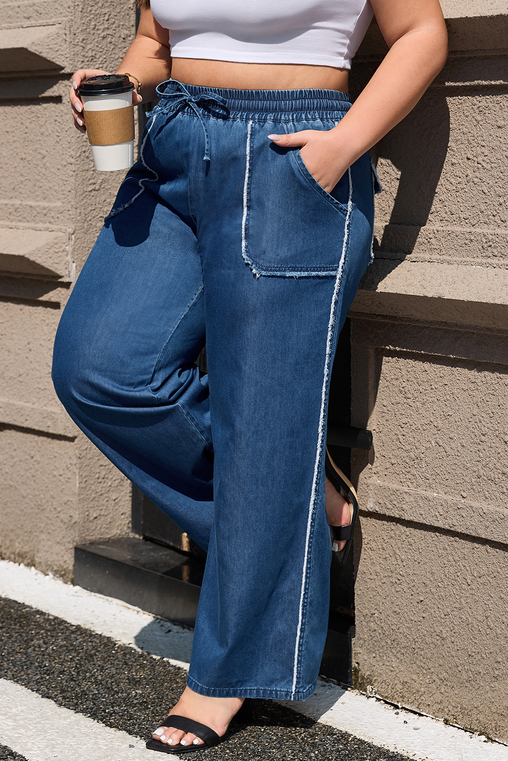 Dark Blue Plus Size Stitching Washed Flare Jeans