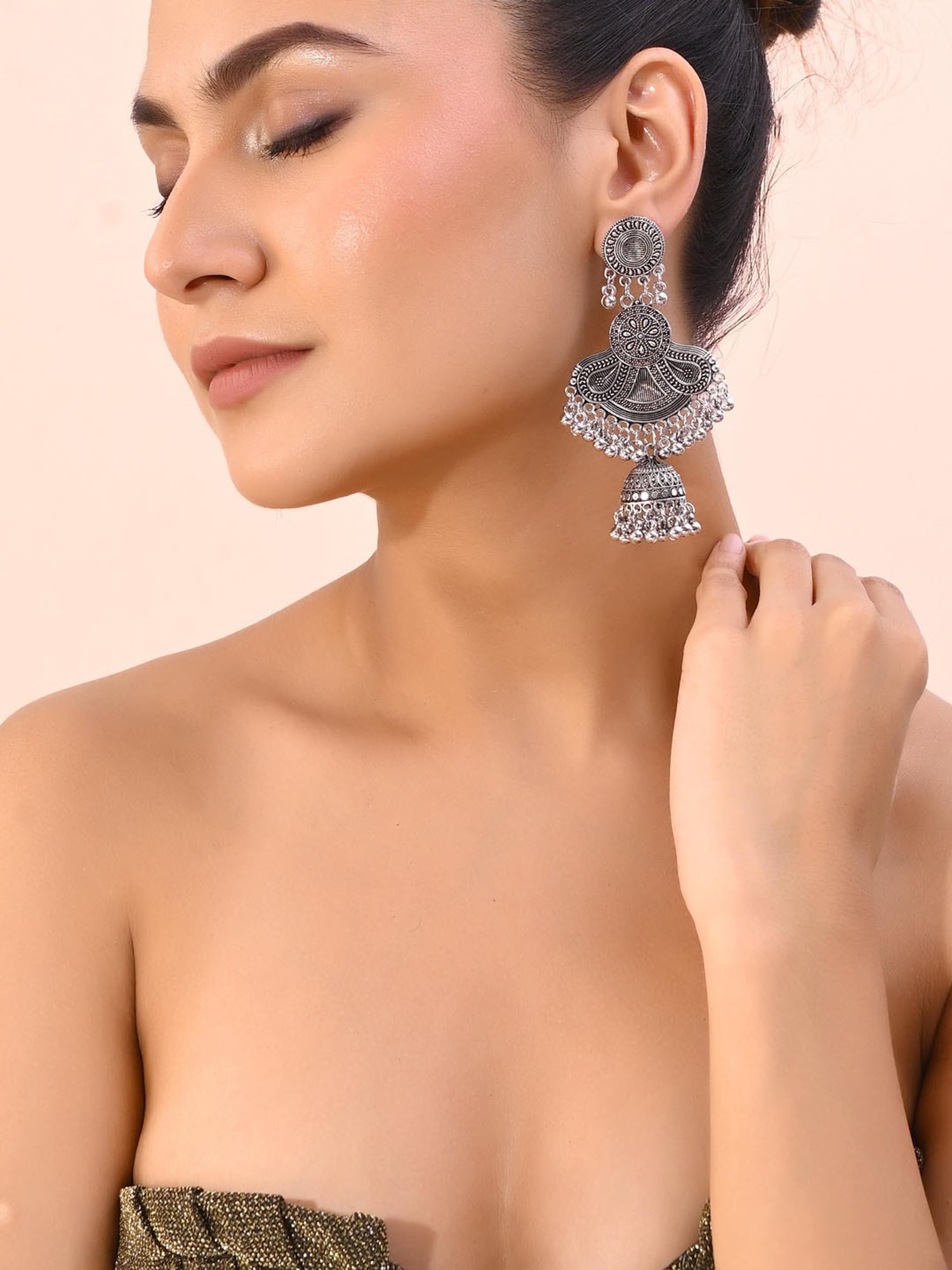 VOJ Silver Plated Oxidized Contemporary Jhumka Earrings for Women