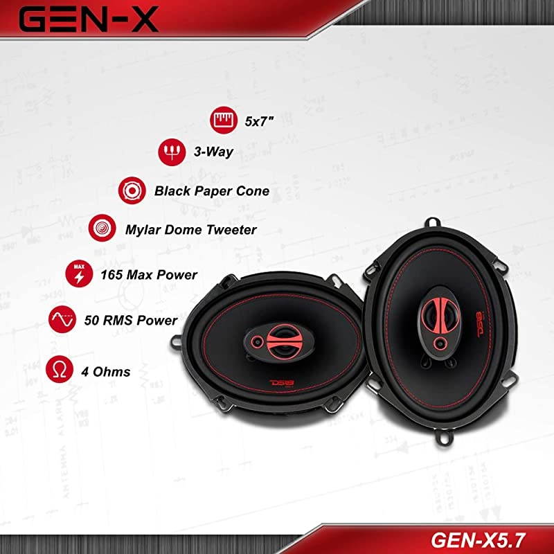 GEN-X5.7 Coaxial Speaker - 5x7, 3-Way, 165W Max, 50W RMS, Black Paper Cone, Two Mylar Dome Tweeters, 4 Ohms - Clarity Unparalled by Other Speakers in Their Class (2 Speakers)