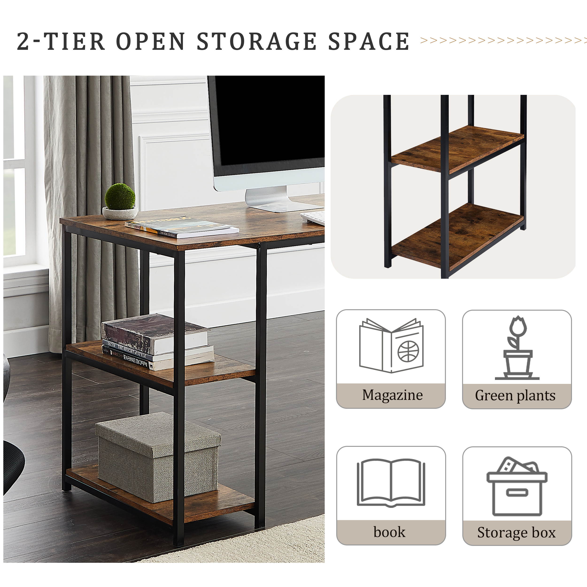 Home Office Computer Desk Writing PC Table Gaming Desk with Storage Shelf CPU storage space and Printer Stand Space Saving Design