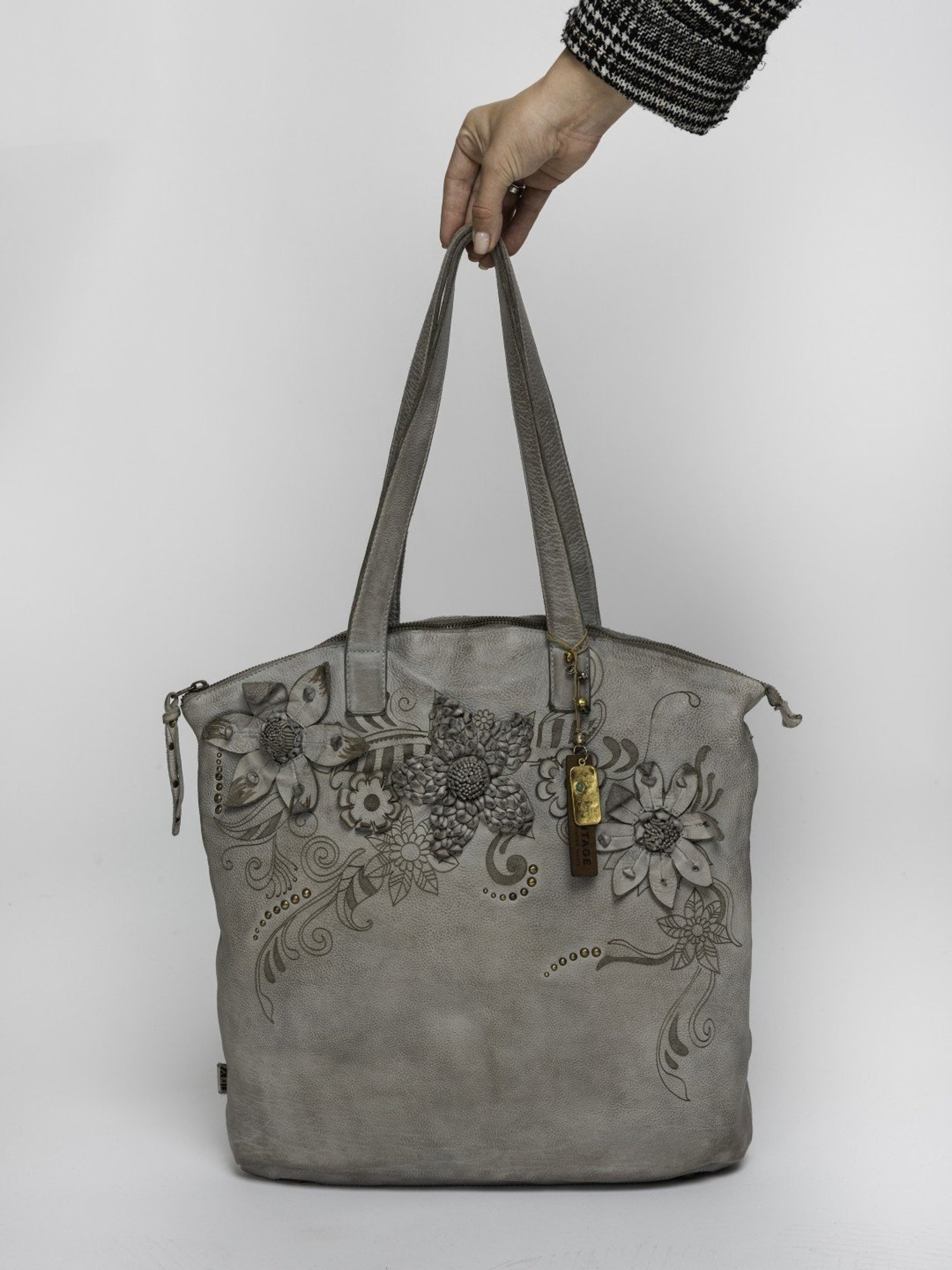 Art N Vintage Calla Grey Leather Textured Medium Tote Handbag