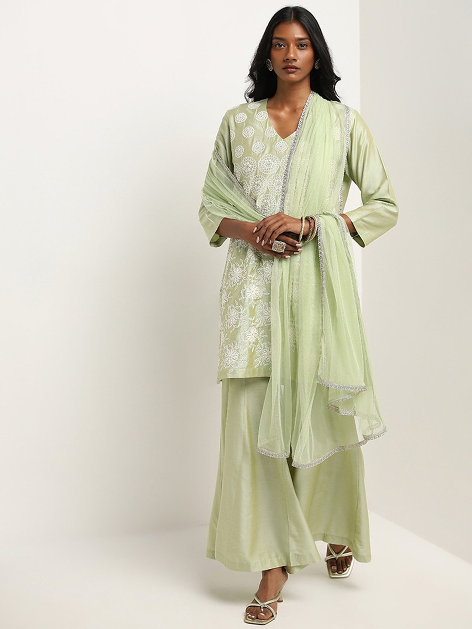 Vark by Westside Light Green Embroidered Kurti, Palazzos & Dupatta Set