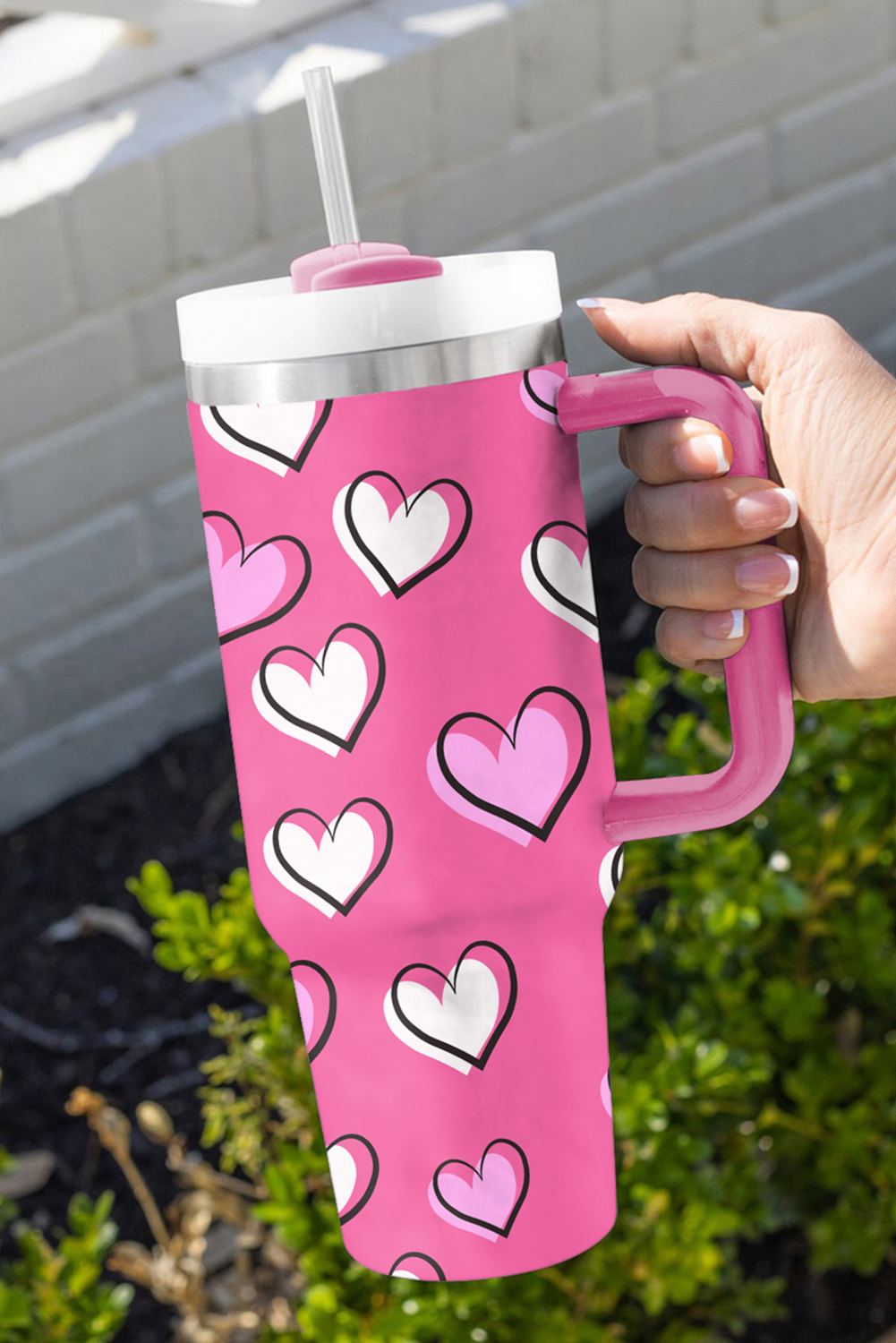 Pink Checkered Print Handled Stainless Steel Tumbler Cup