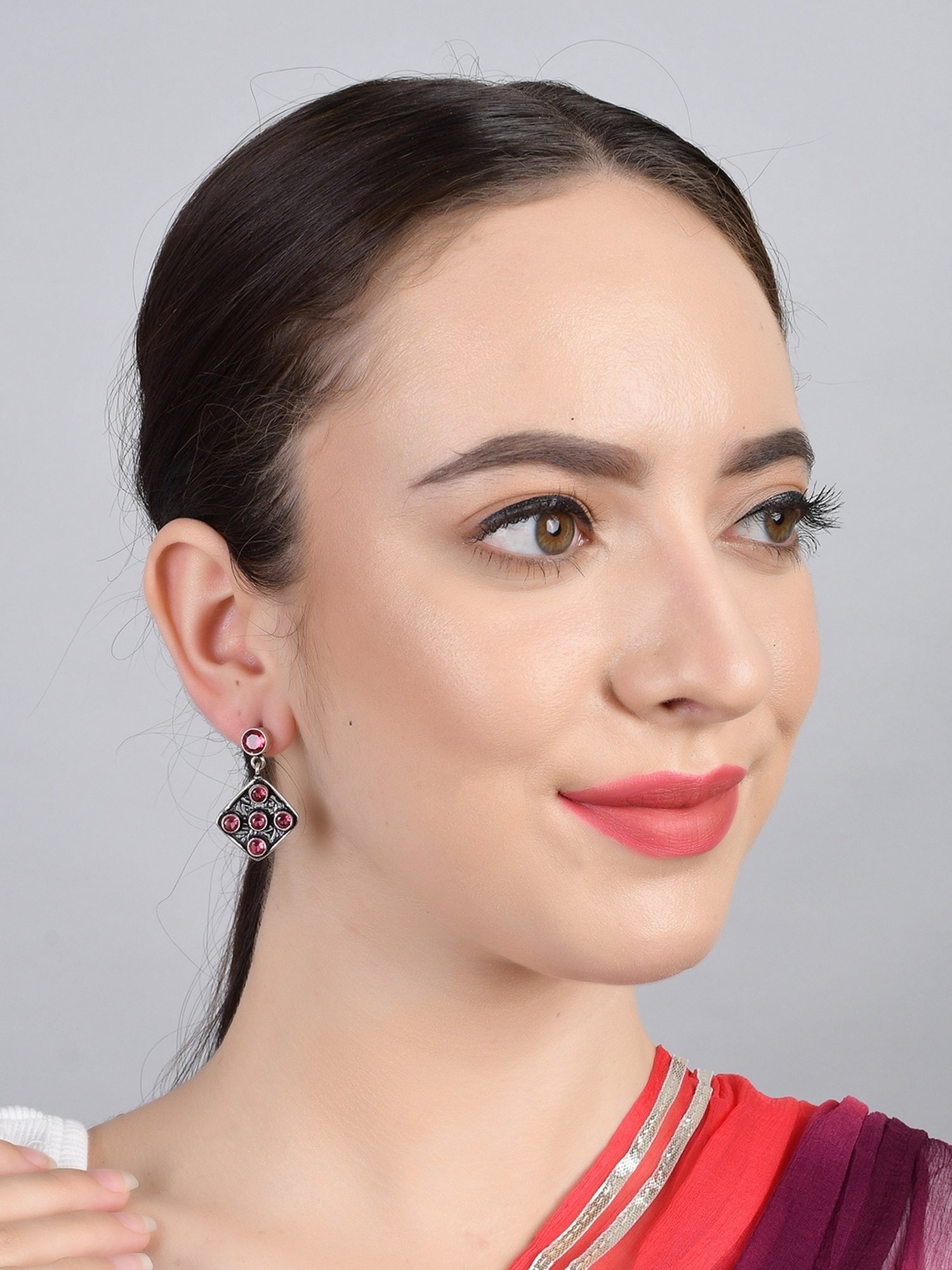 Imli Street Pink Silver Tone Stone-Studded Handcrafted Dangler Earrings