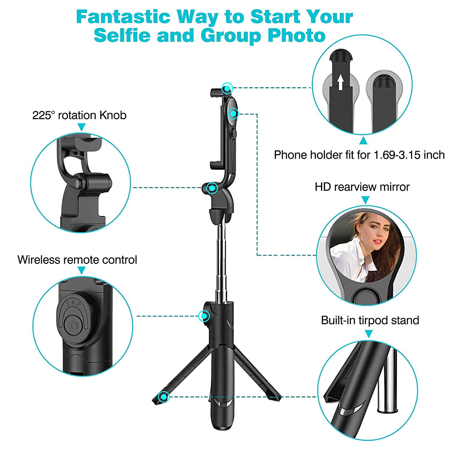 Extendable Selfie Stick Tripod with Detachable Wireless Remote and Tripod Stand Selfie Stick for iPhone X/iPhone 8/8 Plus/iPhone 7/7 Plus, Galaxy S9/S9 Plus/S8/S8 Plus/Note8,Huawei,More