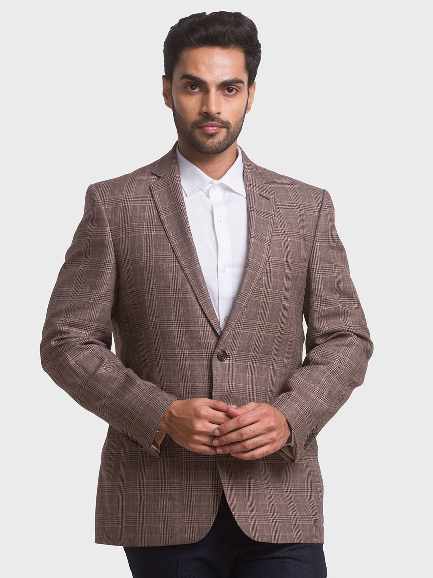 ColorPlus Brown Linen Regular Fit Checks Blazer