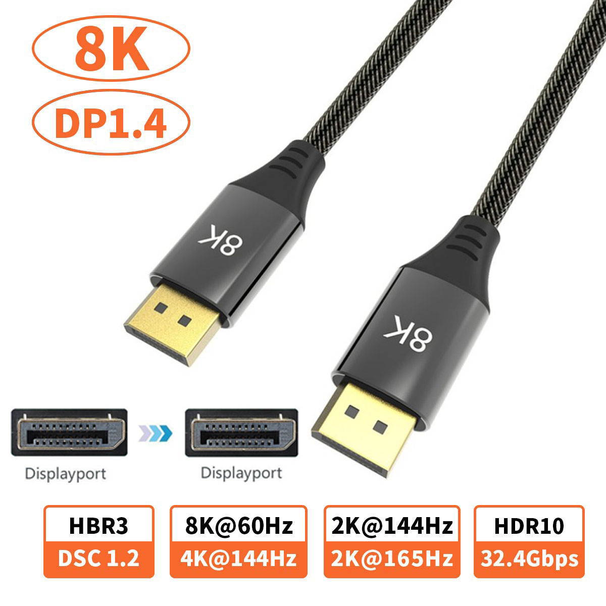 ESTONE DisplayPort 1.4 Cable 16.4ft [4K@144Hz, 8K@60Hz] Braided High Speed DisplayPort Cable, HBR3, 32.4Gbps, HDCP 2.2, DSC 1.2, HDR, Compatible with Gaming Monitor - Slim Aluminum Shell, Black