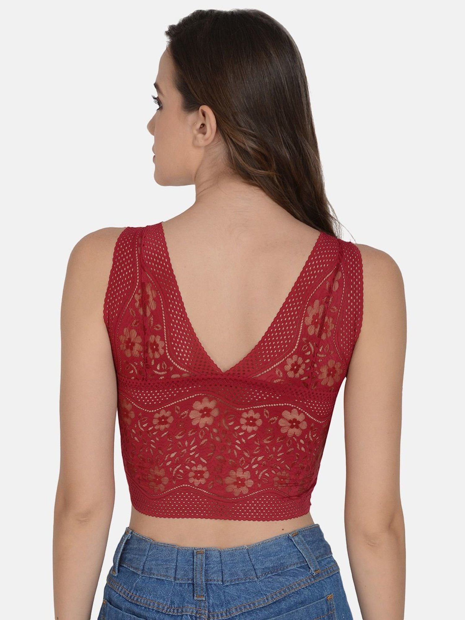 mod & shy Maroon Lace Work Removable Padded Bralette Bra