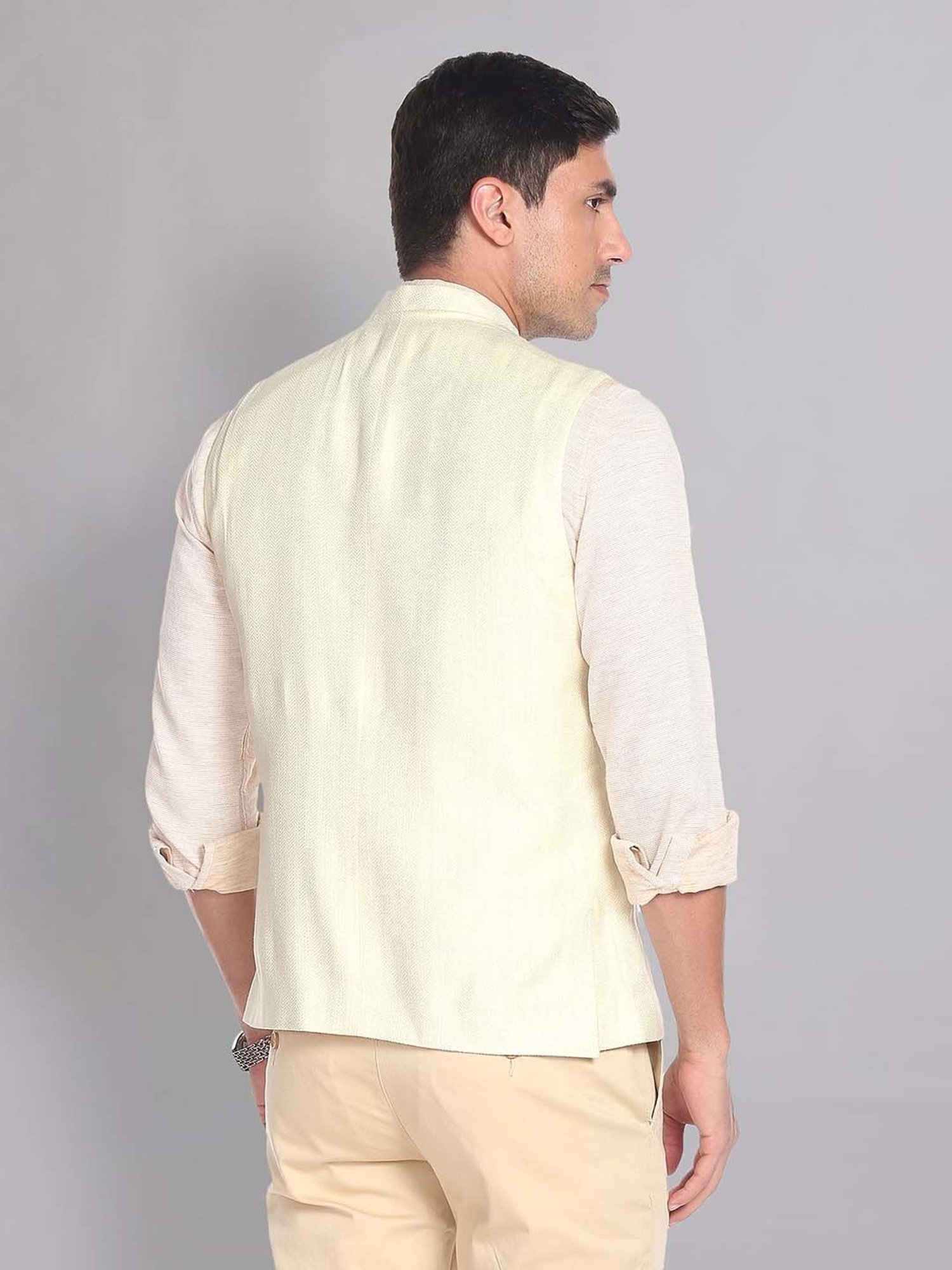 AD by Arvind Light Beige Mandarin Collar Self Design Nehru Jacket