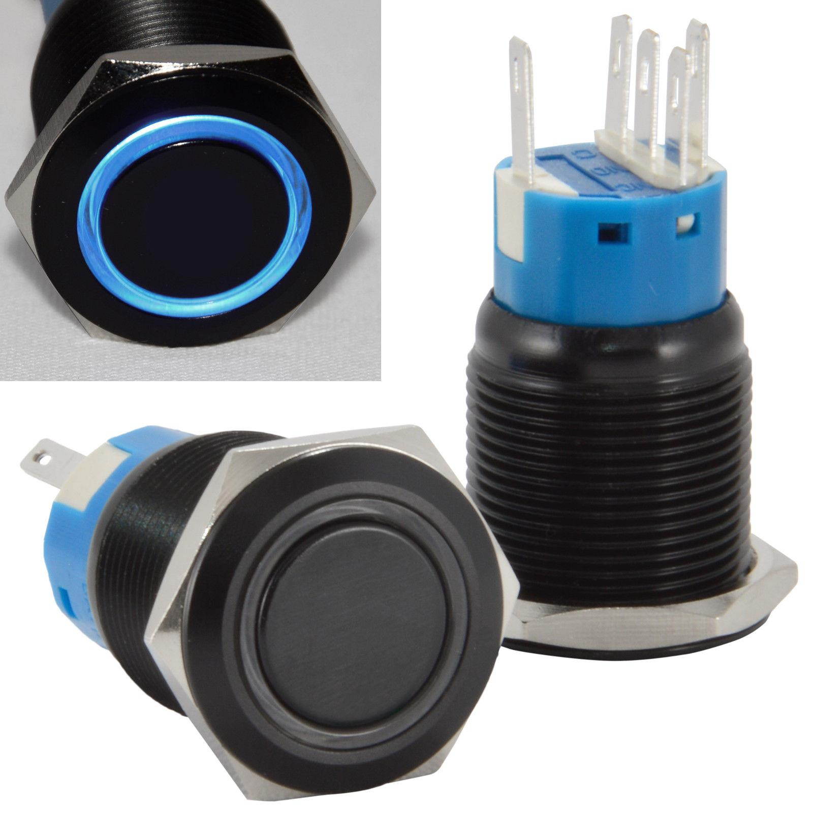 19mm 12V LED Momentary Push Button Black Metal Power Switch, Blue