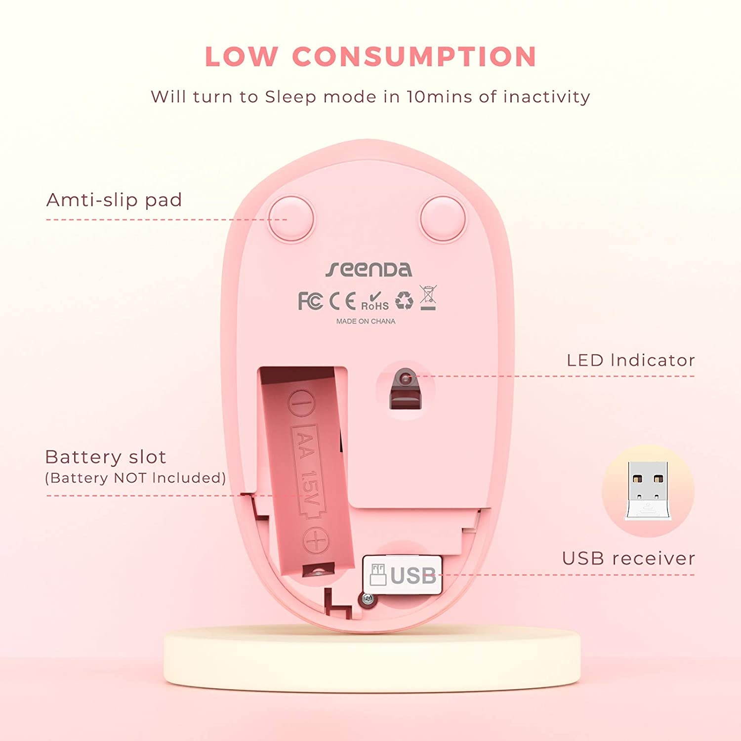 seenda Wireless Mouse 2.4G Noiseless Mouse with USB Receiver Portable Computer Mice for PC Tablet Laptop Notebook with Windows System - Gradient Pink