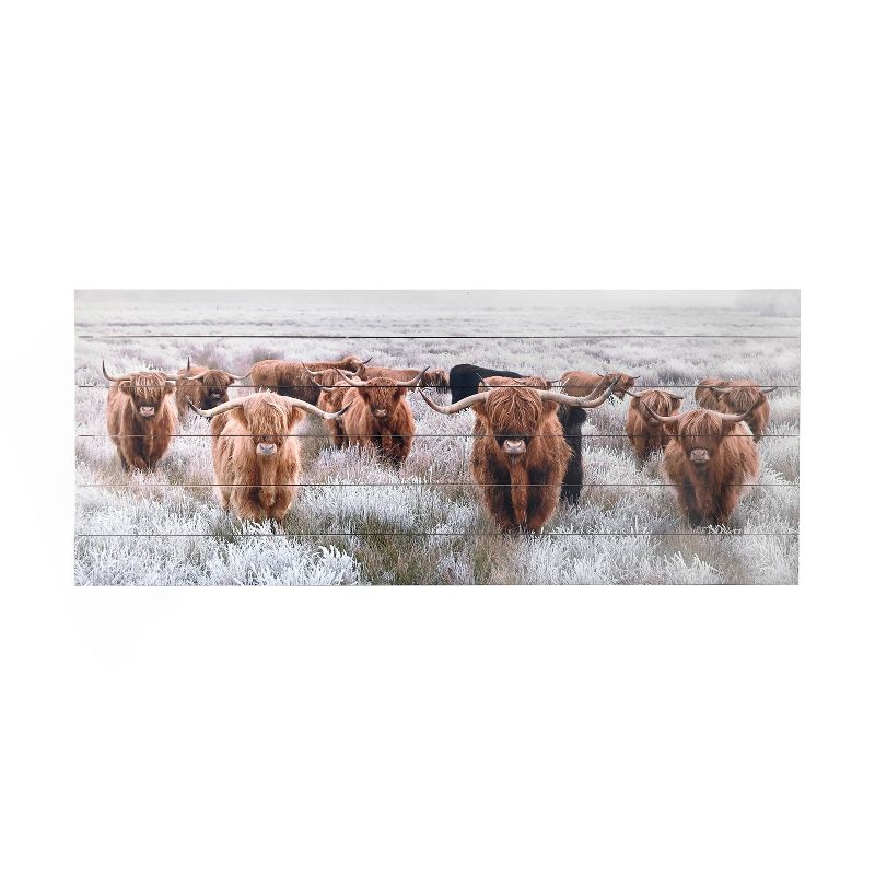 19" x 45" Highland Herd Print on Planked Wood Wall Sign Panel Brown - Gallery 57