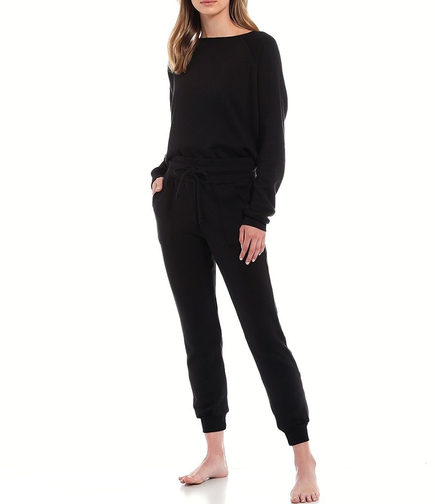 JALA Solid French Terry Cropped Crew Neck Long Sleeve Lounge Top