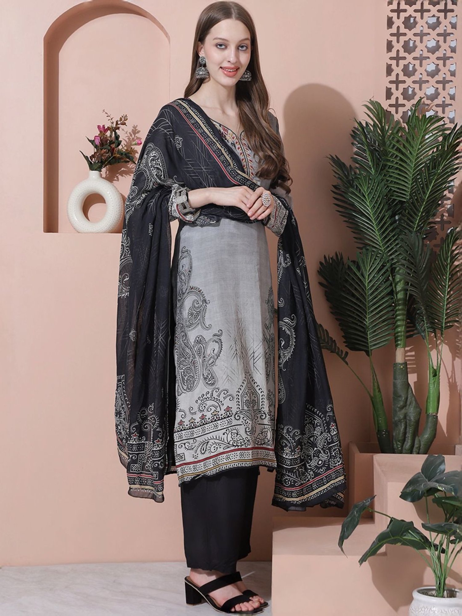 Stylee LIFESTYLE Grey Embroidered Unstitched Dress Material