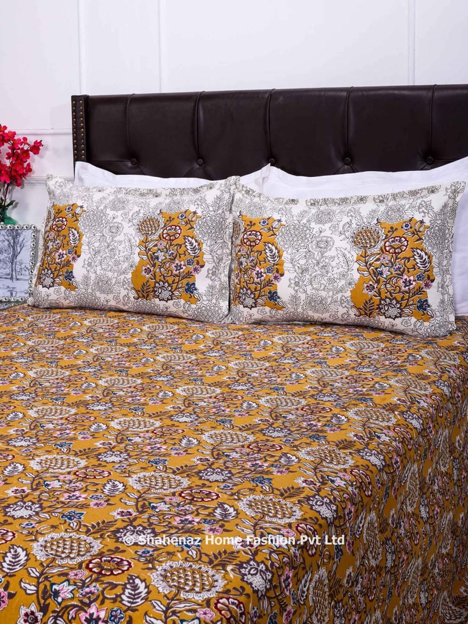 Shahenaz Mustard Yellow 120 TC Cotton Zara Flower Jaal Luxury Double Bedsheet with 2 Pillow Covers
