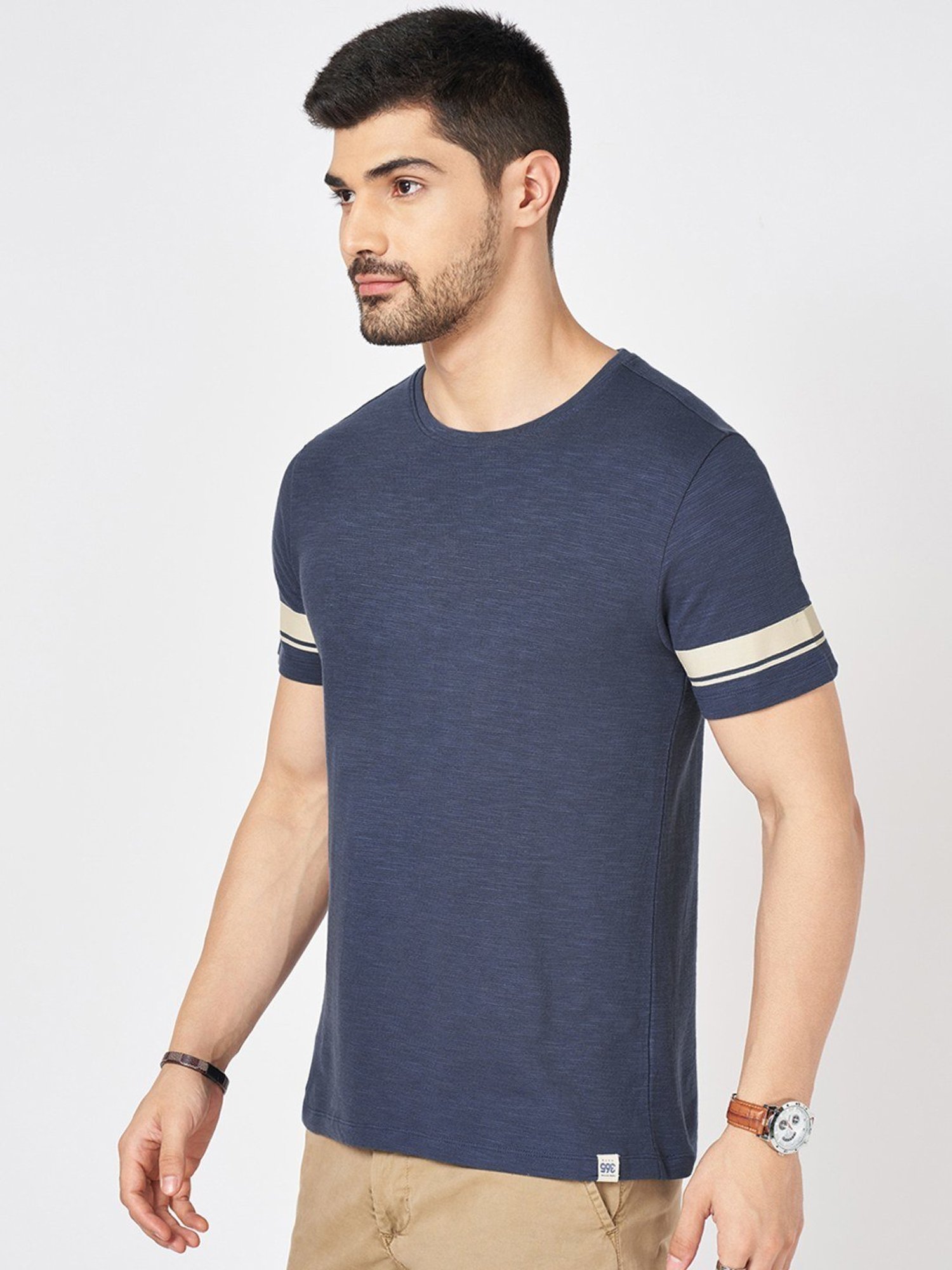 Urban Ranger By Pantaloons Blue Cotton Slim Fit Texture T-Shirt