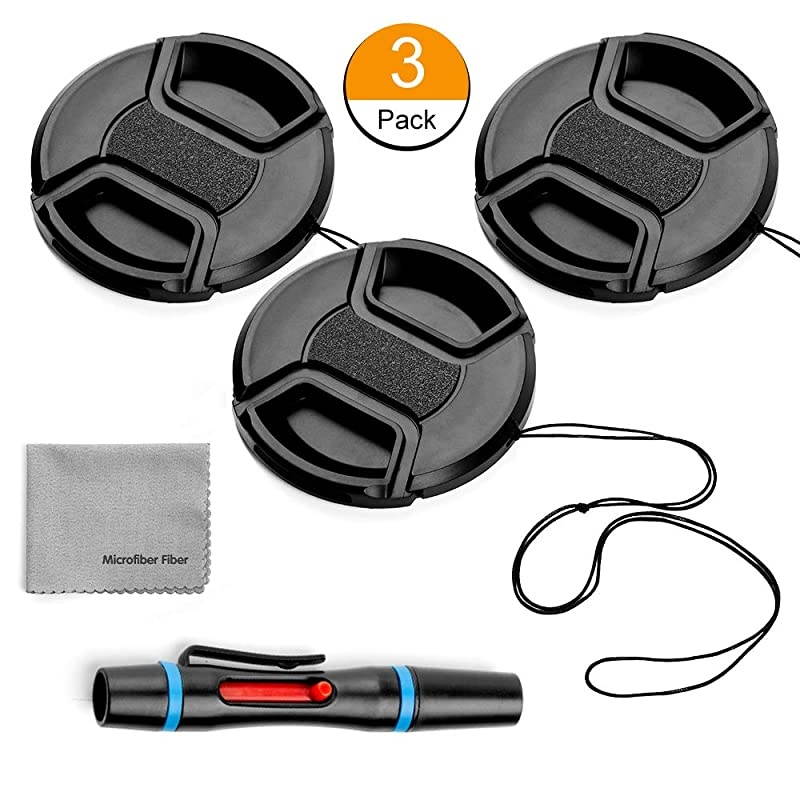 Lens Cap Bundle 3 Pack Universal Snap on Front Centre Pinch Lens Cover Set with Microfiber Lens Cleaning Cloth for Canon Nikon Sony Olympus DSLR Camera + Camera Lens Cleaning Pen