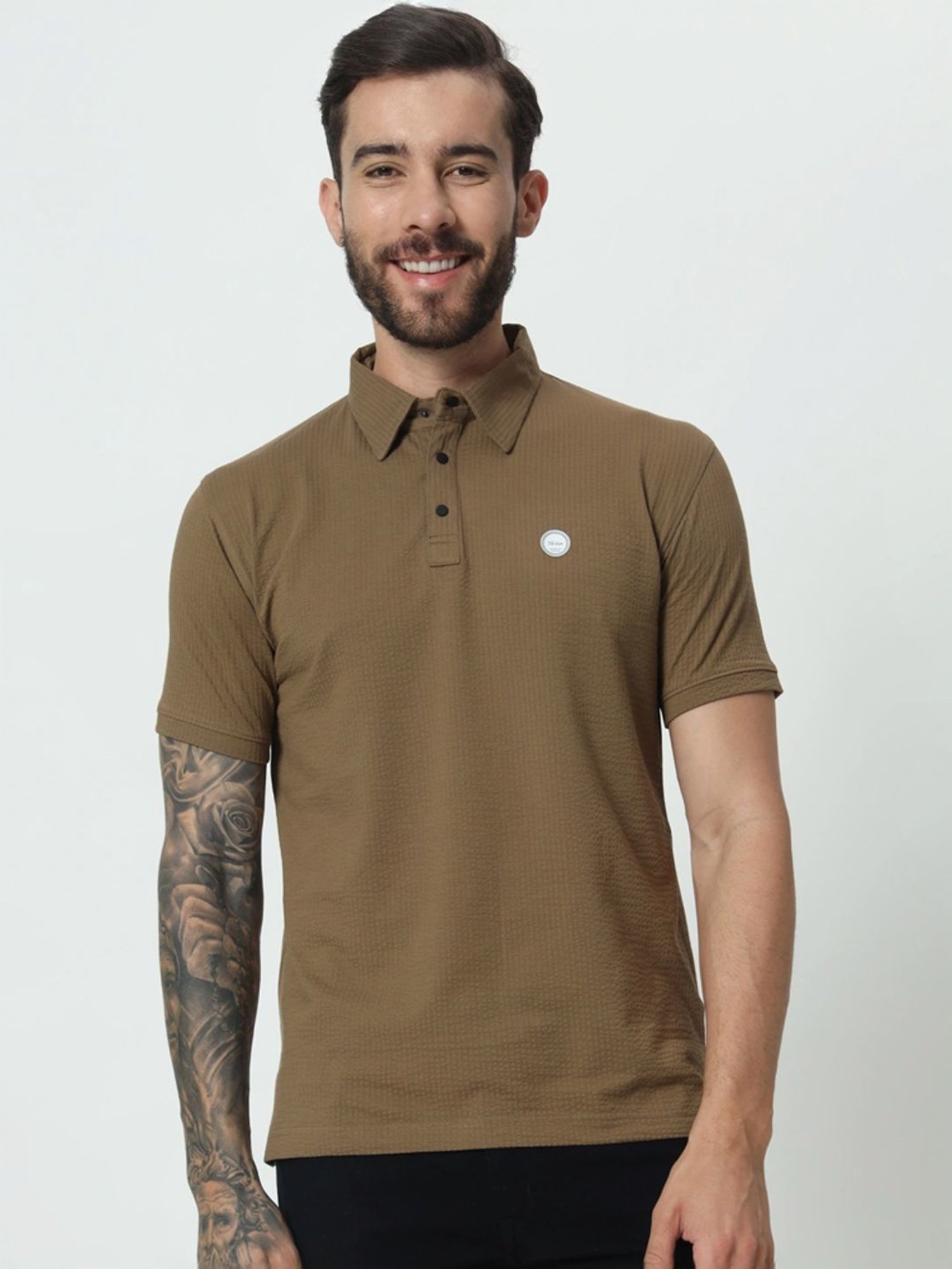 Tab91 Brown Regular Fit Self Pattern Polo T-Shirts