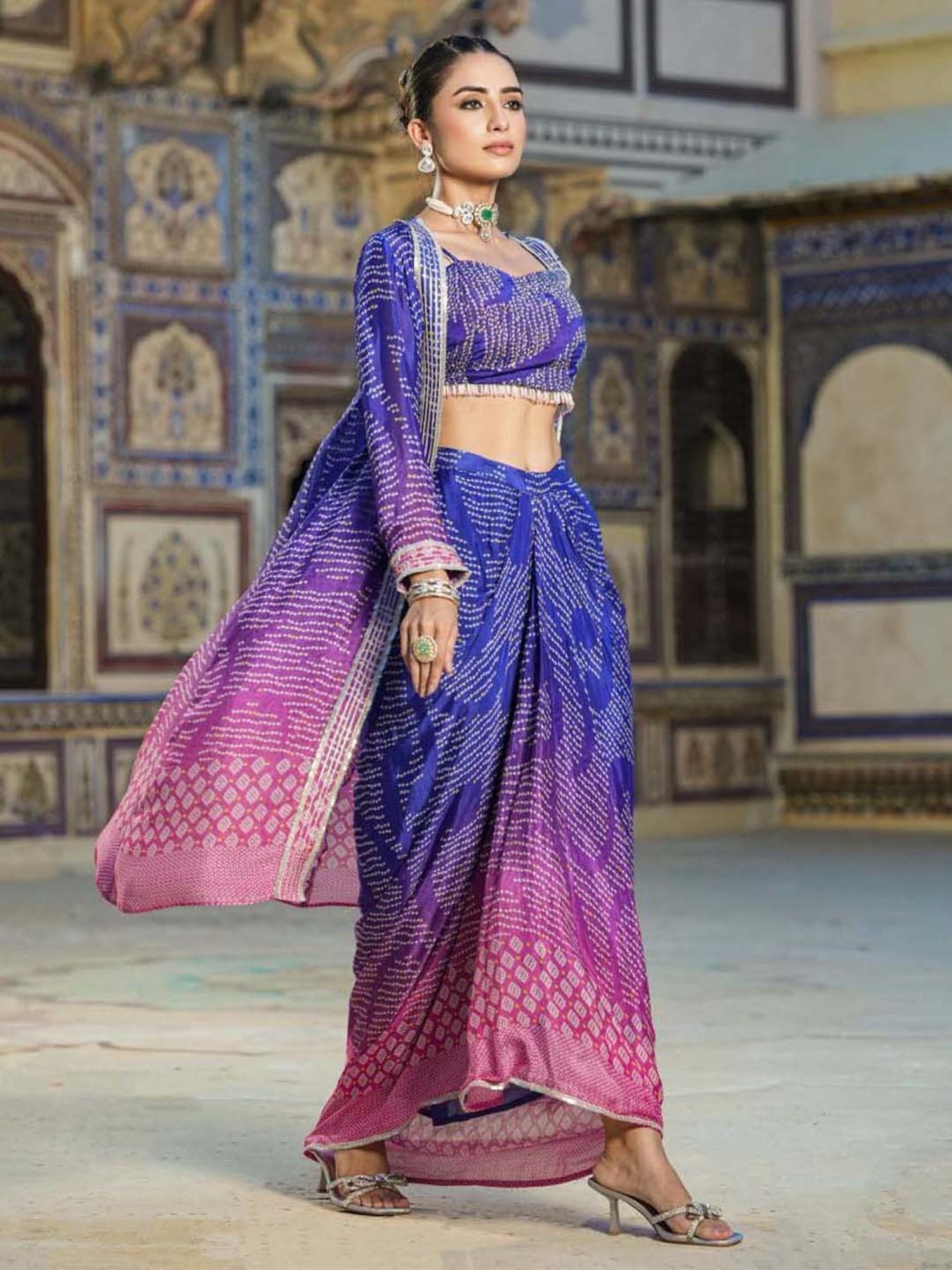SCAKHI Blue Printed Lehenga Choli Set With Jacket