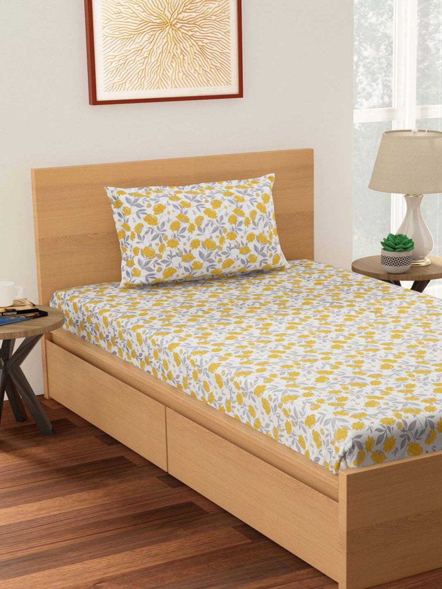 Living Scapes by Pantaloons Yellow Blend Bedsheet With 1 Pillow Cover