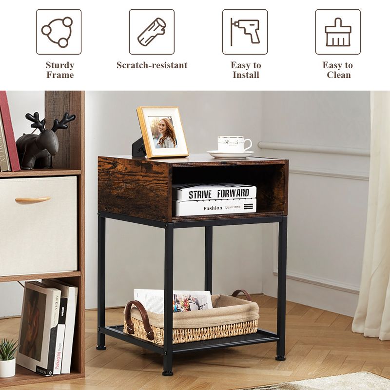 Costway Set of 2 Industrial Nightstand End Side Table W/ Compartment & Mesh Shelf
