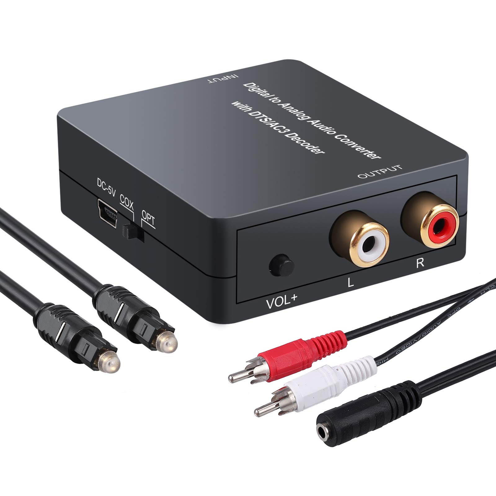 PROZOR Digital to Analog Audio Converter Support Dolby/DTS Decoder, Optical Out to RCA DAC Decoder, Optical to 3.5mm Converter, Optical/SPDIF/Toslink/Coaxial/DTS/PCM/5.1CH to 2CH Analog Stereo