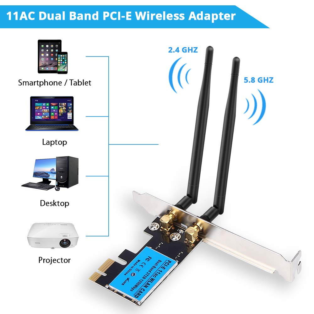Plugadget AC1200 802.11AC PCI Express Wi-Fi Adapter, Dual Band 2.4 GHz 300 Mbps + 5 GHz 867 Mbps Wireless Network PCIe Card Including Low-profile Bracket, Support Windows XP / 7 / 8.1 / 10