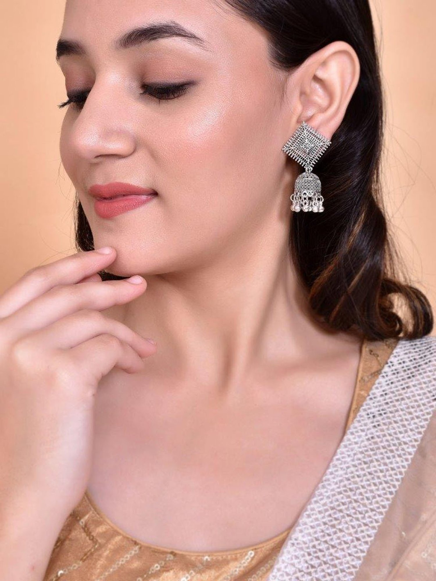 VOJ Silver Plated Oxidised Jhumka for Women