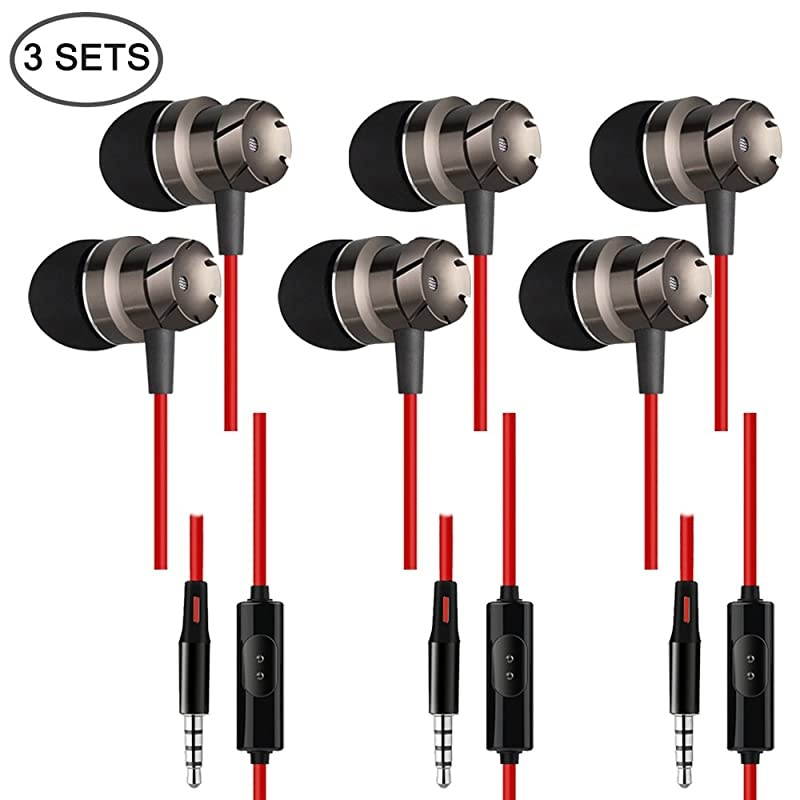 3 Packs Earphone with Remote & Microphone, in Ear Stereo Sound Noise Isolating Tangle Free for Smartphones, Laptops, Gaming, Fits 3.5mm Interface Device