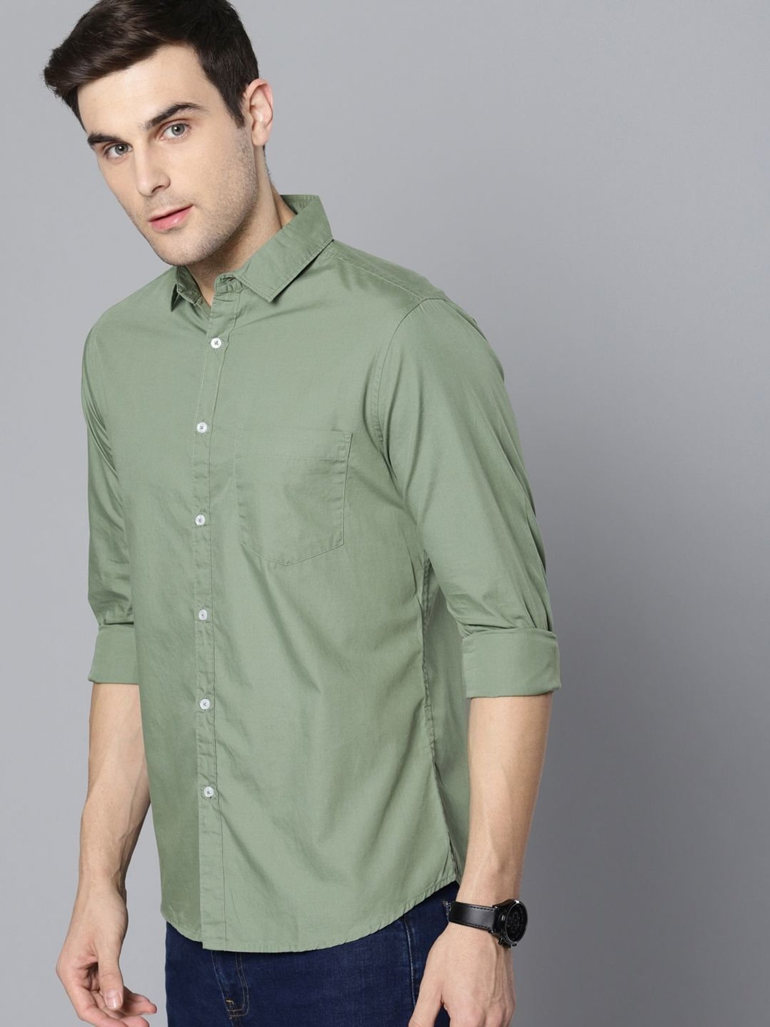 Dennis Lingo Green Cotton Slim Fit Shirt