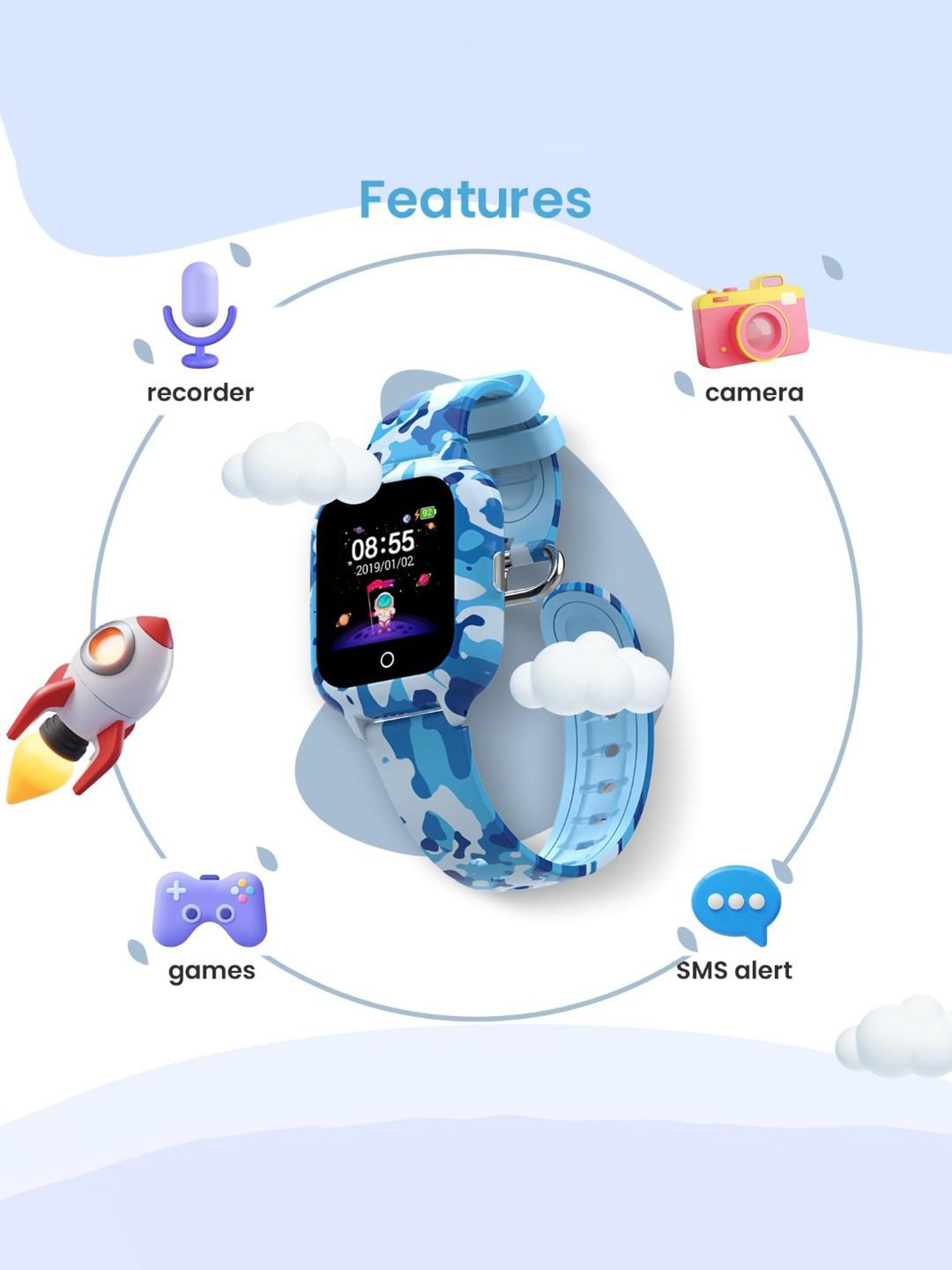 Turet Smartwatch for Kids with Camera, Games, Recorder, Sim Enabled 2-Way Calling (Blue)