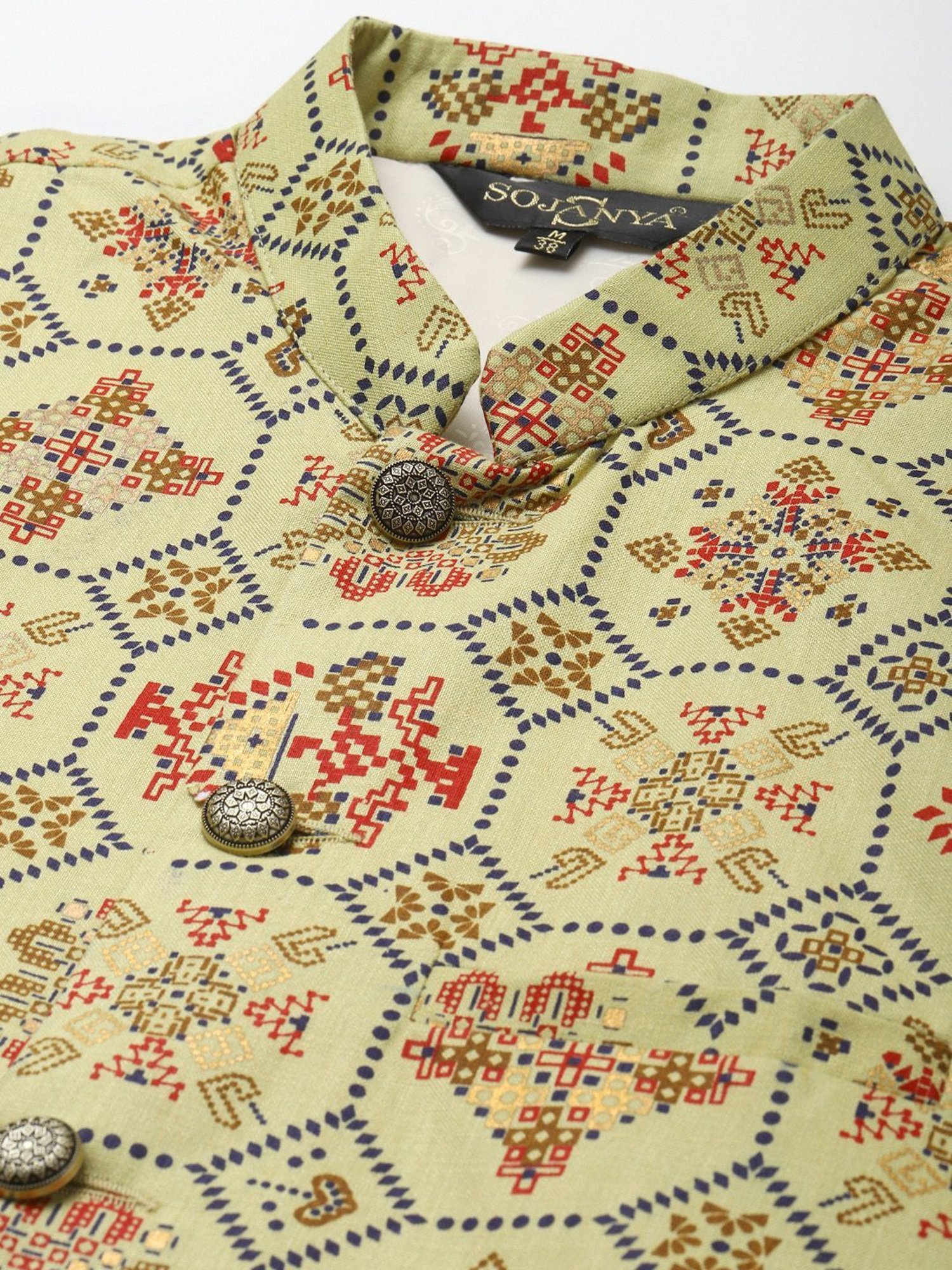 Sojanya Green Cotton Linen Regular Fit Self Pattern Nehru Jacket