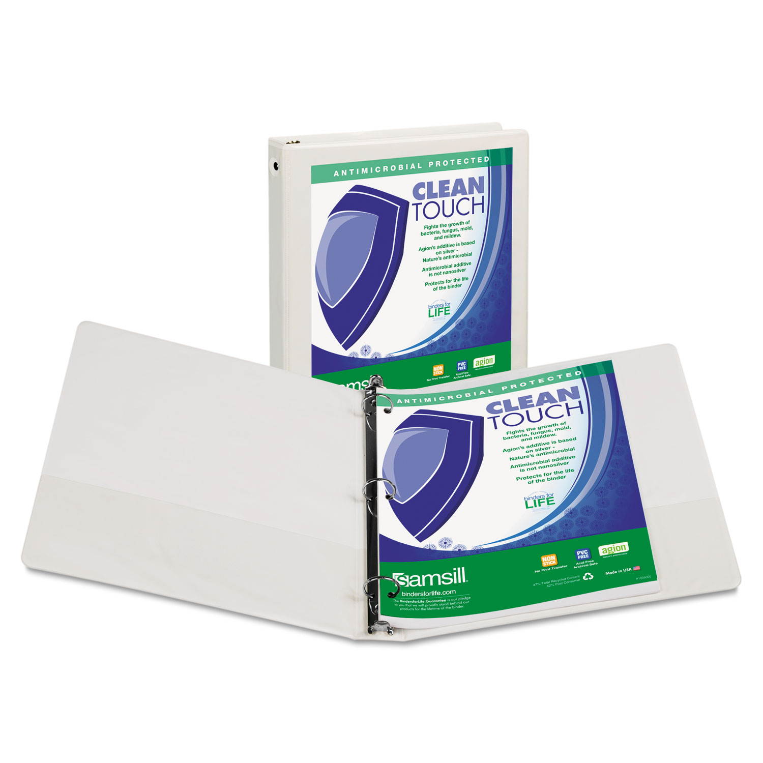 Samsill Clean Touch Round Ring View Binder with Antimicrobial Protection, 4", White