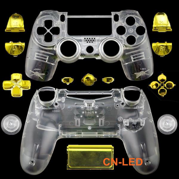 WPS Transparent Clear Controller Full Housing Shell + Chrome Gold buttons for PS4 Playstation 4 Dualshock 4 ( GEN 1 Controllers ONLY)