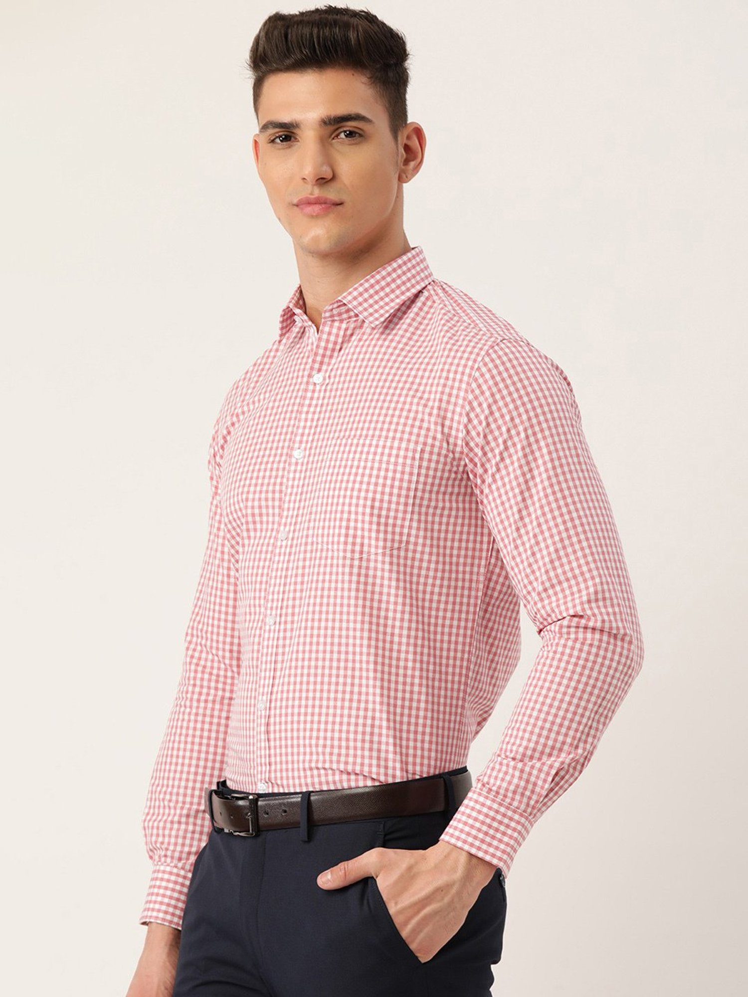IVOC White & Pink Slim Fit Check Cotton Shirt