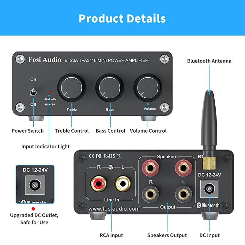 Bluetooth 5.0 Stereo Audio 2 Channel Amplifier Receiver Mini Hi-Fi Class D Integrated Amp 2.0 CH for Home Speakers 100W x 2 with Bass and Treble Control TPA3116 (with Power Supply)