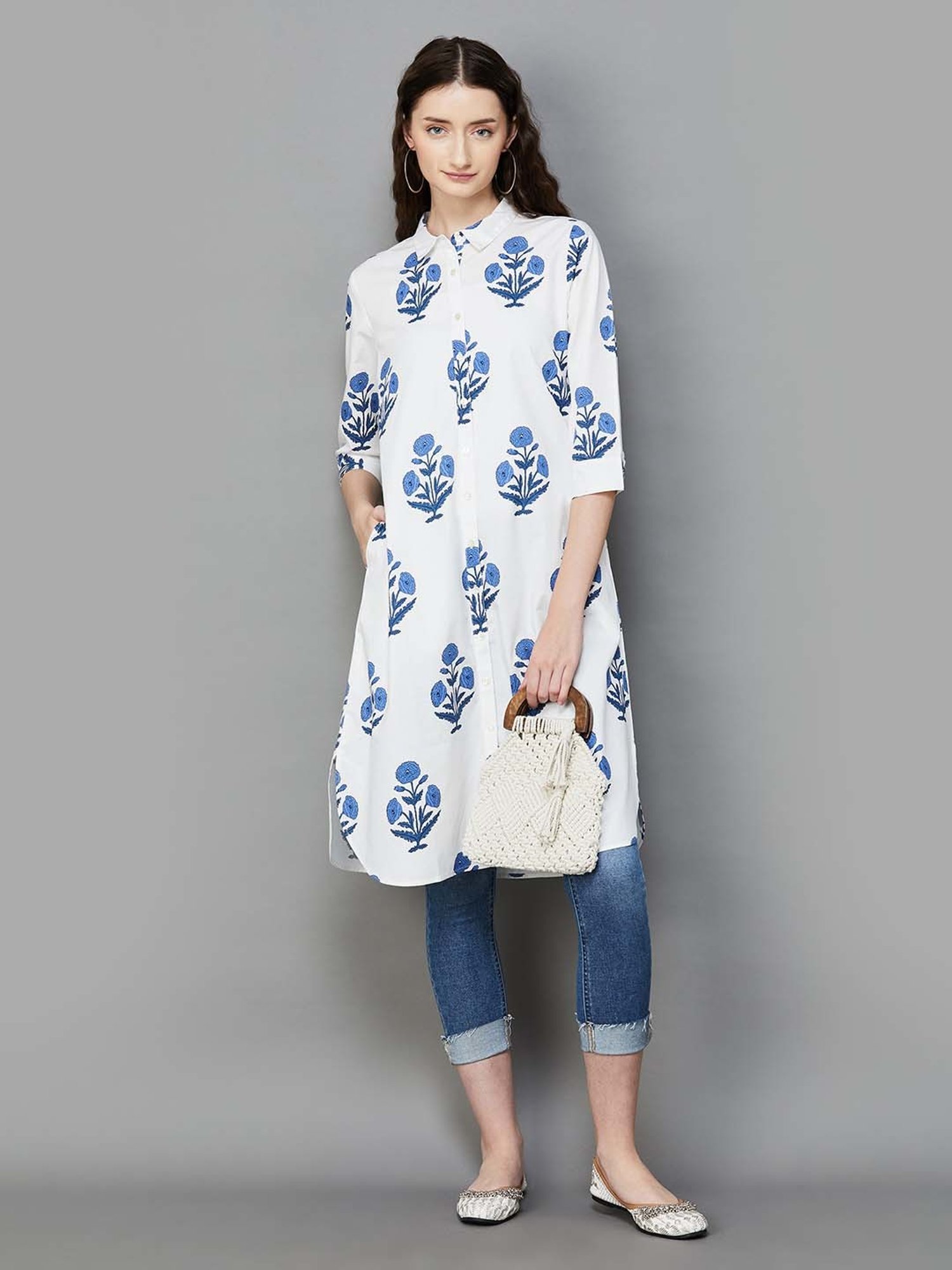 Colour Me by Melange White Cotton Printed A-Line Kurta
