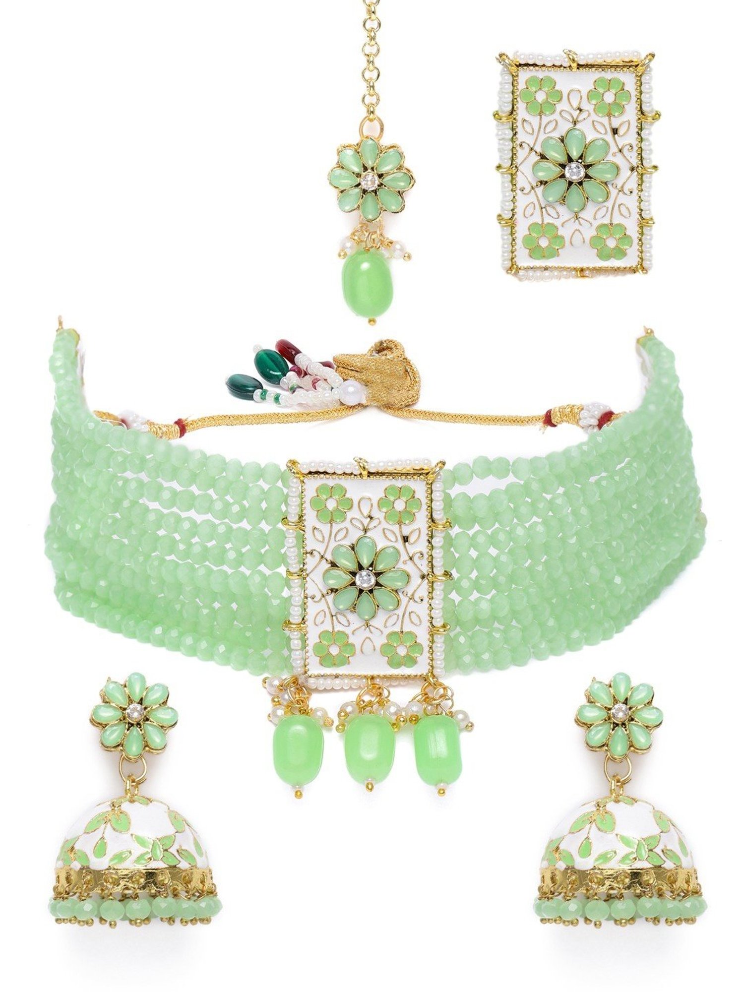 Zaveri Pearls Green White Enamel Multistrand Necklace, Earring, Maangtikka & Ring Set